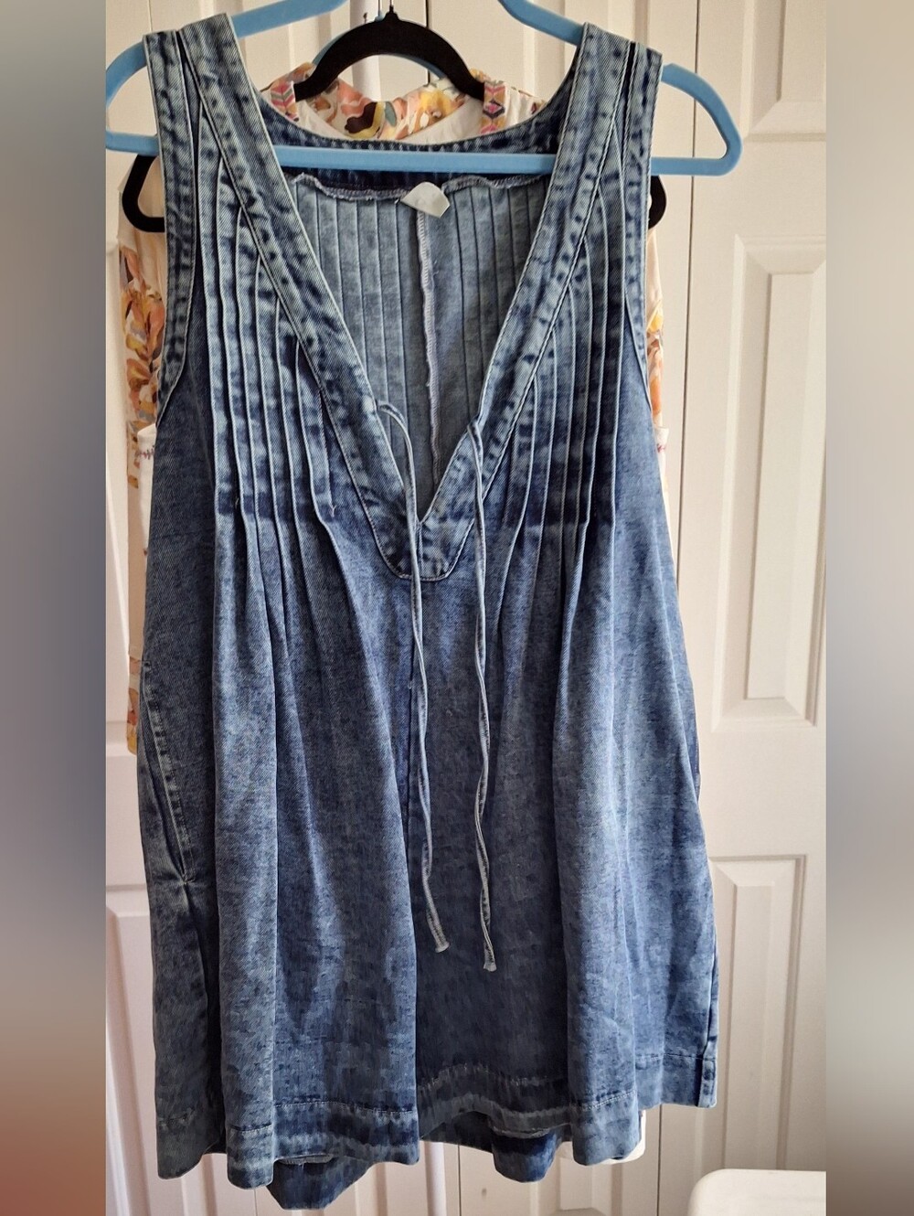 Women’s Blue Denim Pleated Romper With Tie Front And Zipper Side